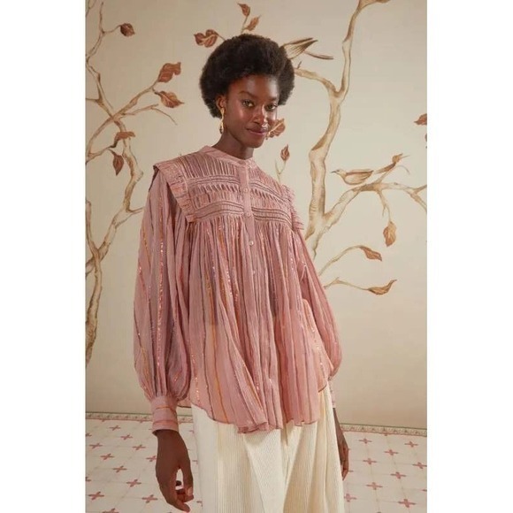 FARM Rio Tops - FARM Rio Burgundy Pleated Yoke Long Sleeve Blouse Pink Metallc Gold Size XS NWT